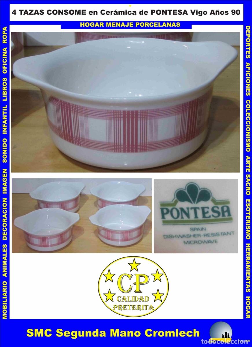 Vintage: 4 TAZAS CONSOME de Cer&aacute;mica. Cer&aacute;micas PONTESA VIGO . A&ntilde;os 90 Muy buen estado. Calidad Pret&eacute;rita.