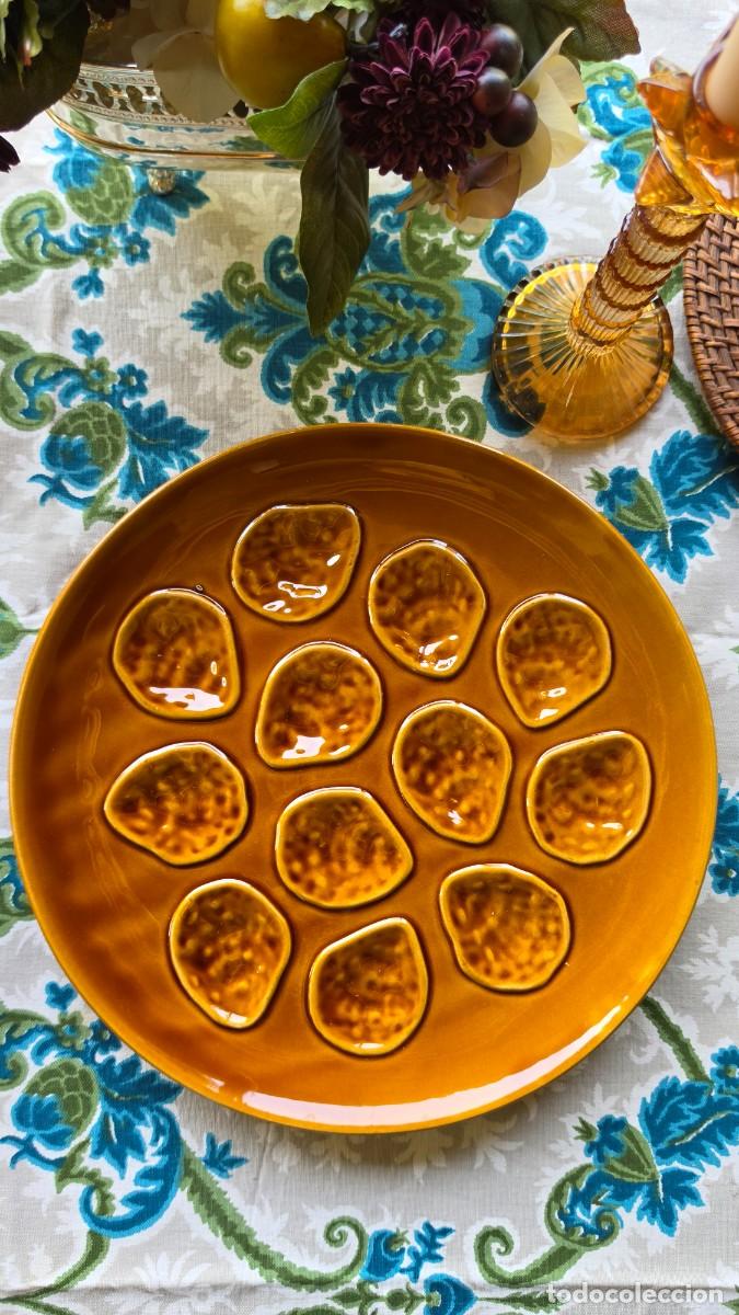 Vintage: Plato de Ostras Vintage Franc&eacute;s Cer&aacute;mica &Aacute;mbar Miel 12 Cavidades Loza Francesa Estilo Vallauris