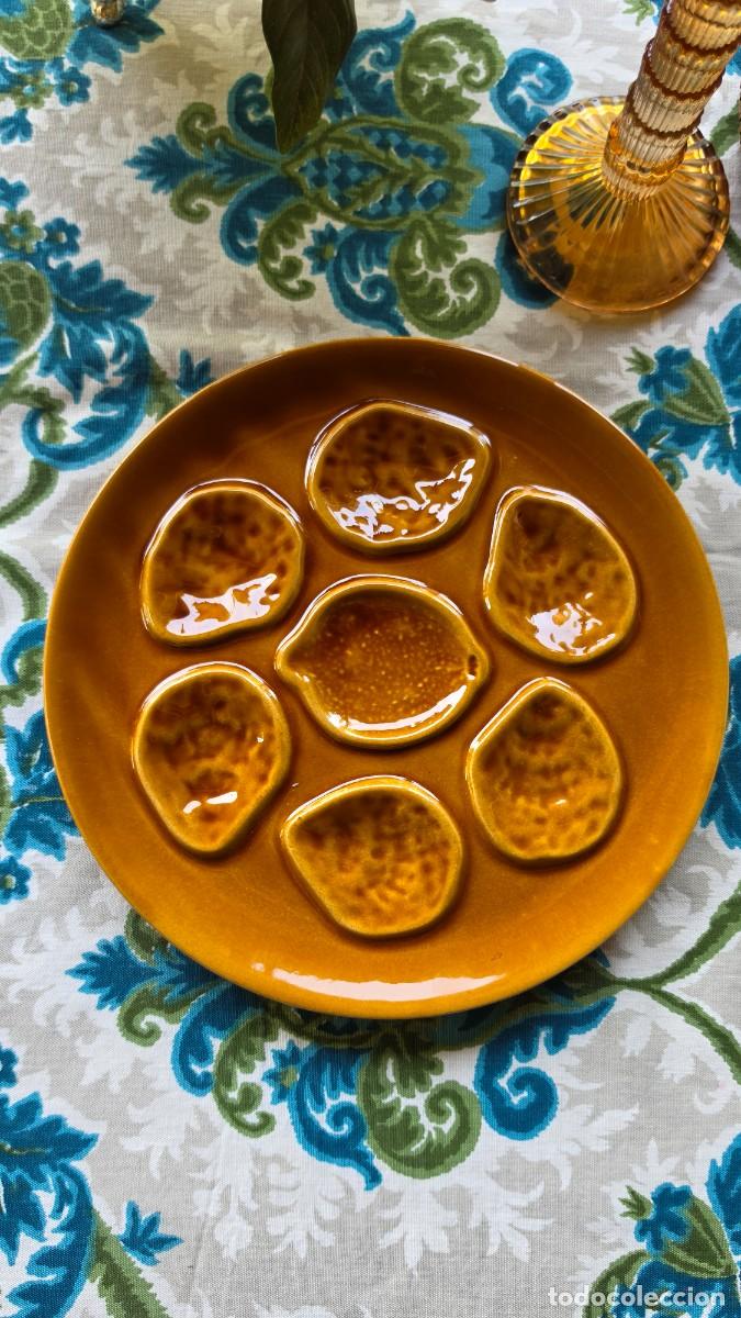 Vintage: Plato de Ostras Vintage Franc&eacute;s Cer&aacute;mica &Aacute;mbar Miel 6 Cavidades Loza Francesa Estilo Vallauris