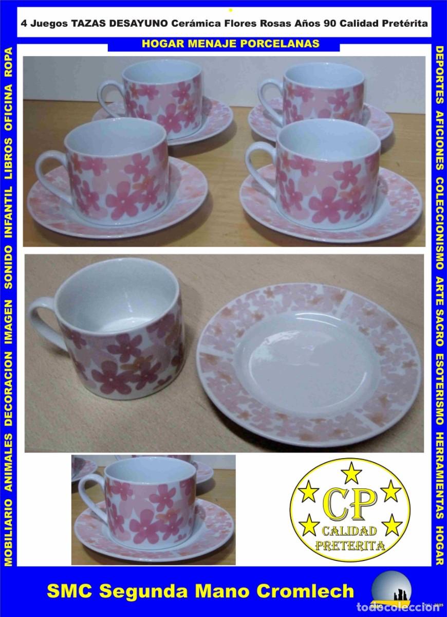 Vintage: 4 Tazas CAFE DESAYUNO con sus Platos. Cer&aacute;mica. Decoraci&oacute;n Flores Rosas Vintage Retro. A&ntilde;os 90