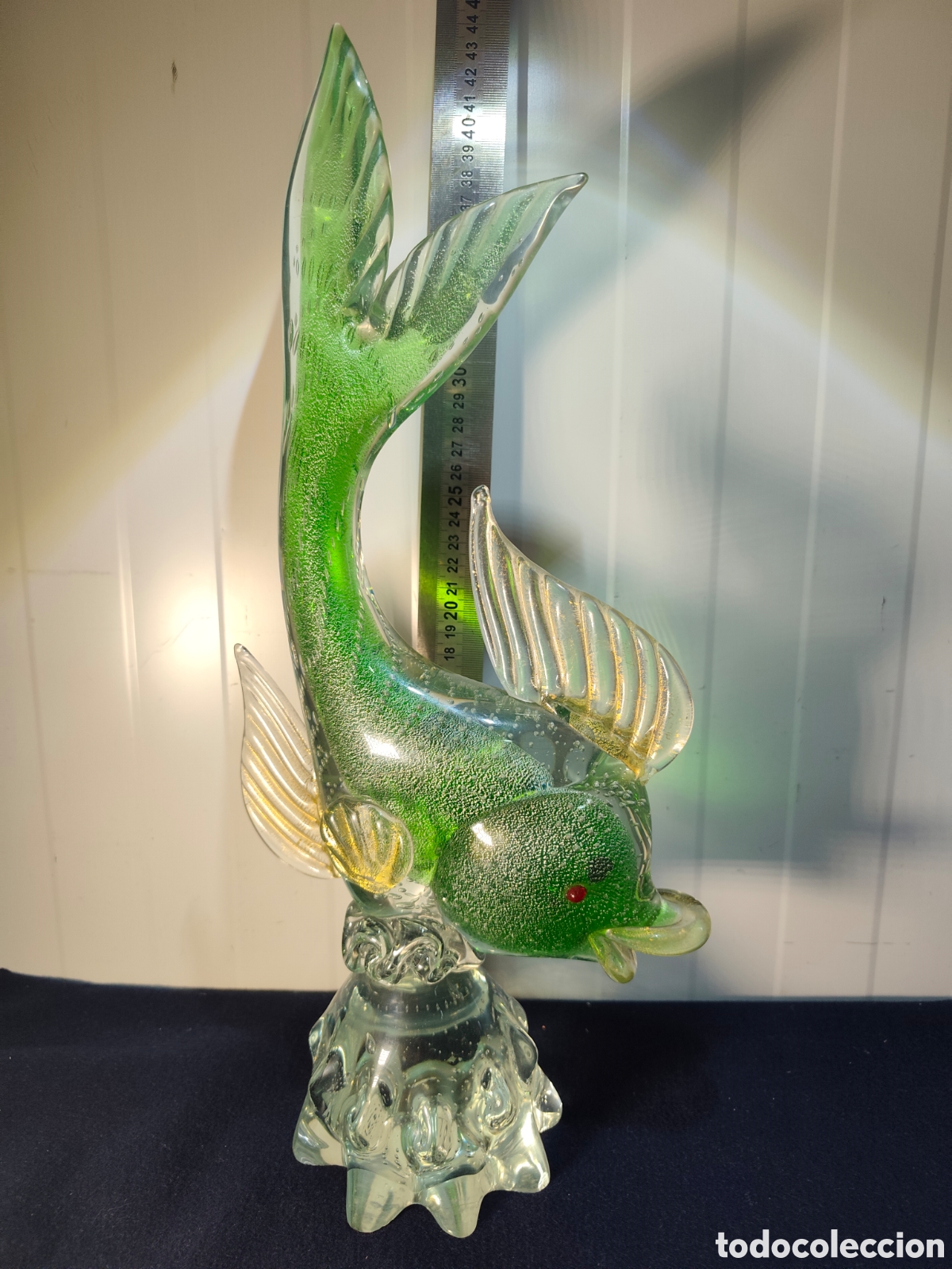 Vintage: Escultura Pez Cristal Murano Vintage 40 cm &ndash; Verde Esmeralda y Pan de Oro (Bullicante)