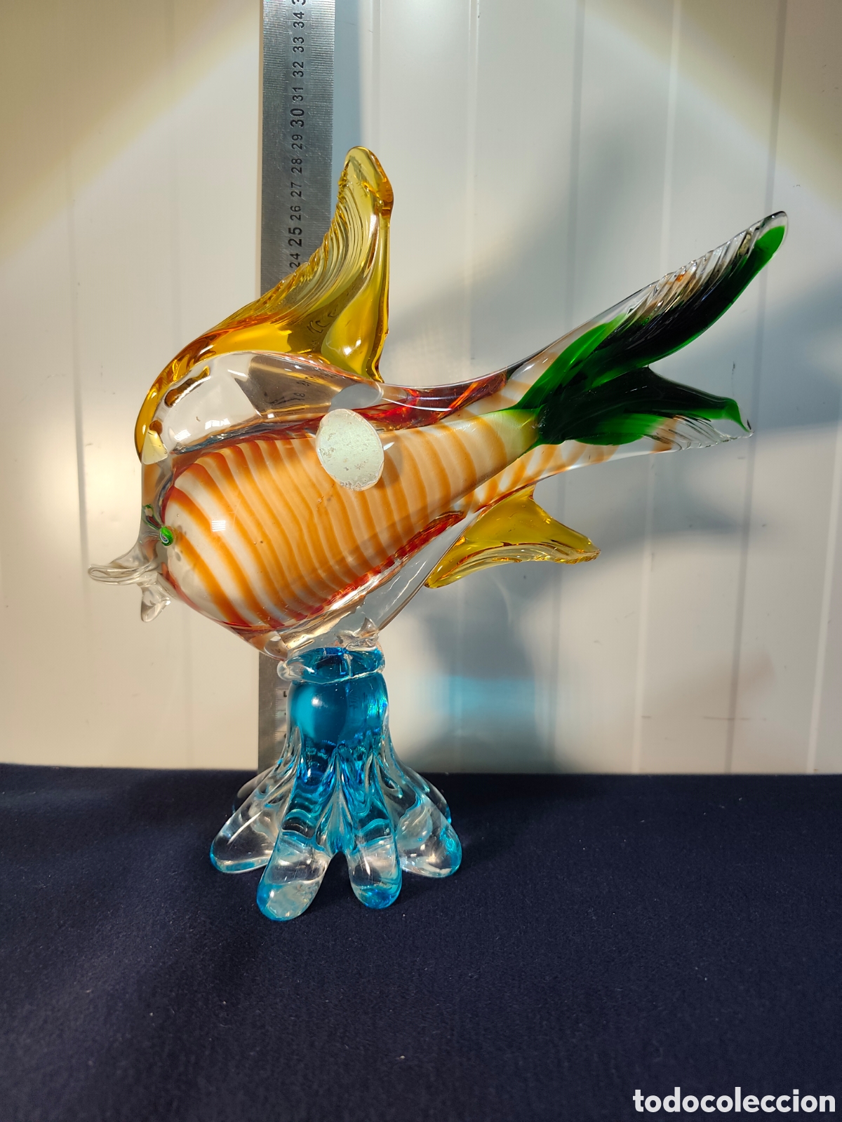 Vintage: Pez Cristal Murano Vintage (28 cm) &ndash; Rayas Blancas/Anaranjadas y Base Azul