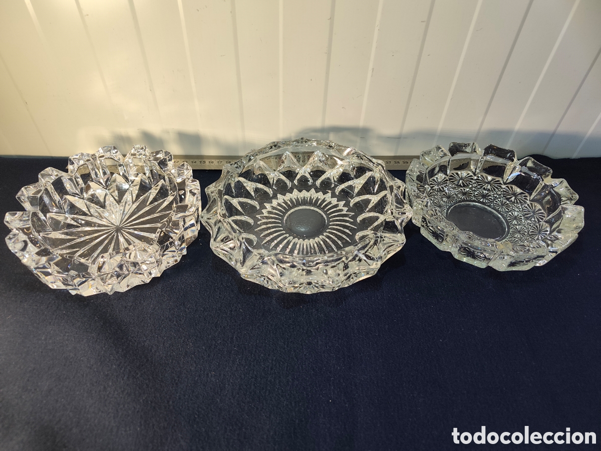 Vintage: Lote 3 Ceniceros Vintage Cristal Soplado / Tallado &ndash; Dise&ntilde;os Variados