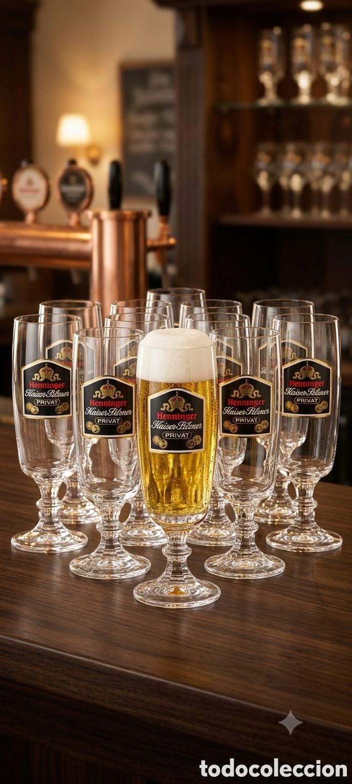 Vintage: LOTE &Uacute;NICO: 12 Copas Vintage Henninger Kaiser Pilsner (Alemania)
