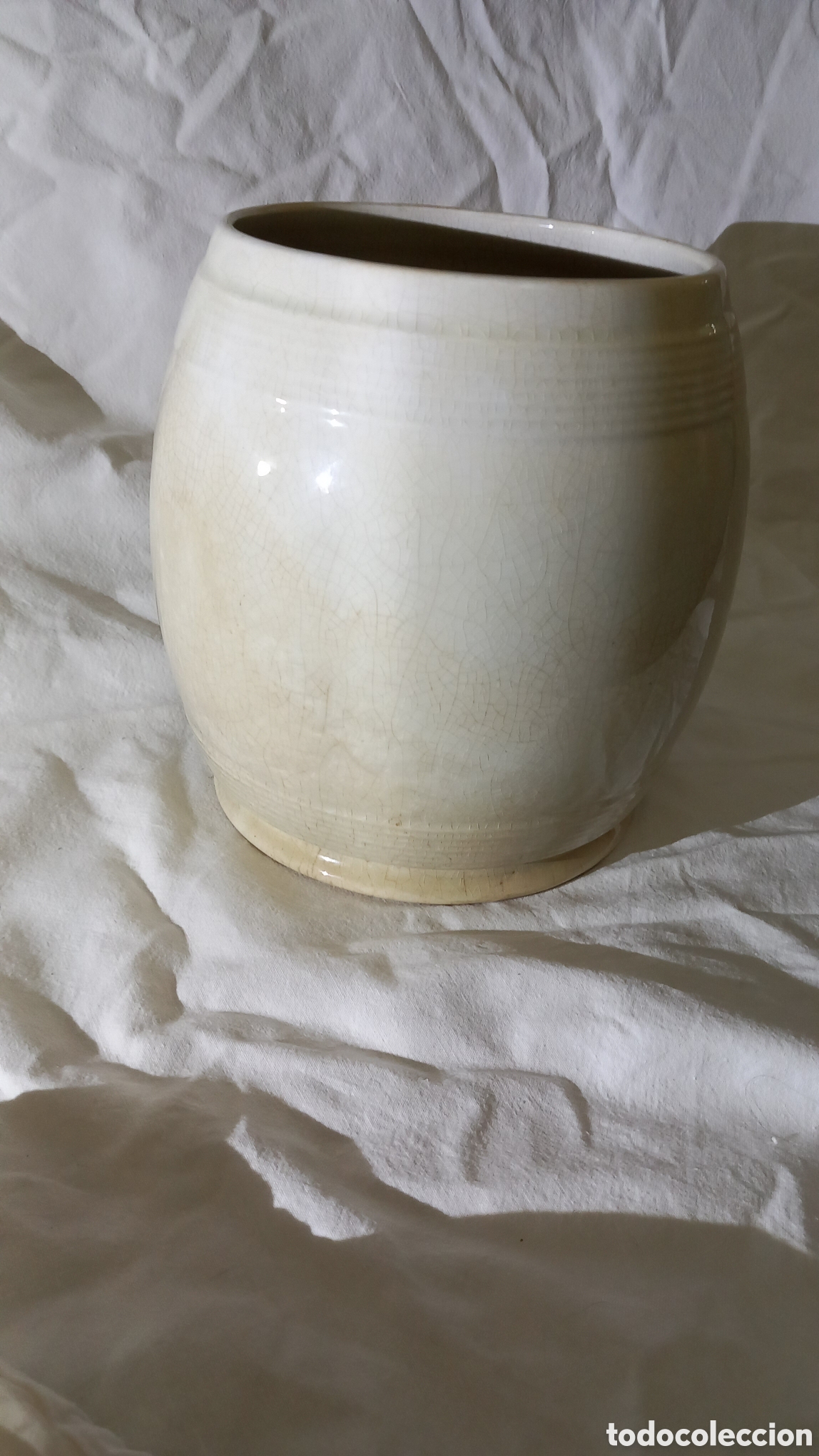 Vintage: Antiguo Bote de Cocina / Orza Grande en Loza Blanca - La Cartuja Sevilla Pickman (19x14) - Sello 44