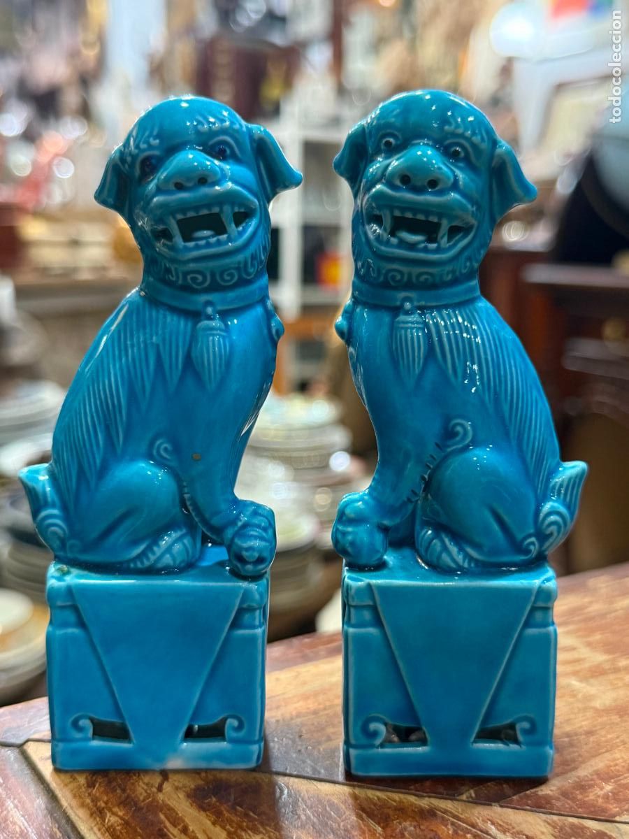 Vintage: ANTIGUA PAREJA DE PERROS FOO DE CERAMICA - MEDIDA 12 CM
