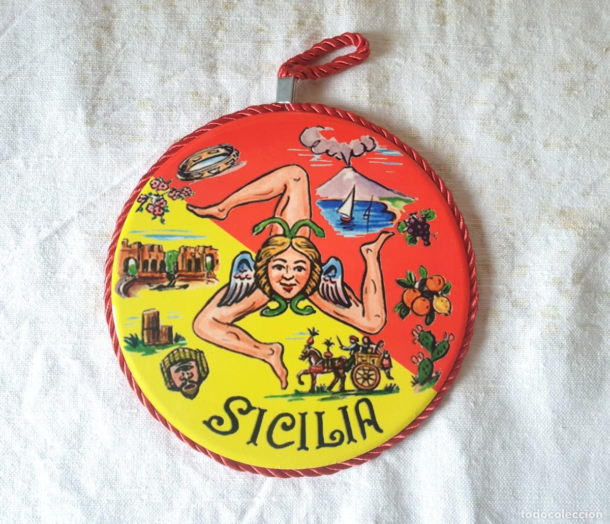 Vintage: Placa decorativa de pared redonda de cer&aacute;mica Trinacria de 17 cm de di&aacute;metro, estilo vintage