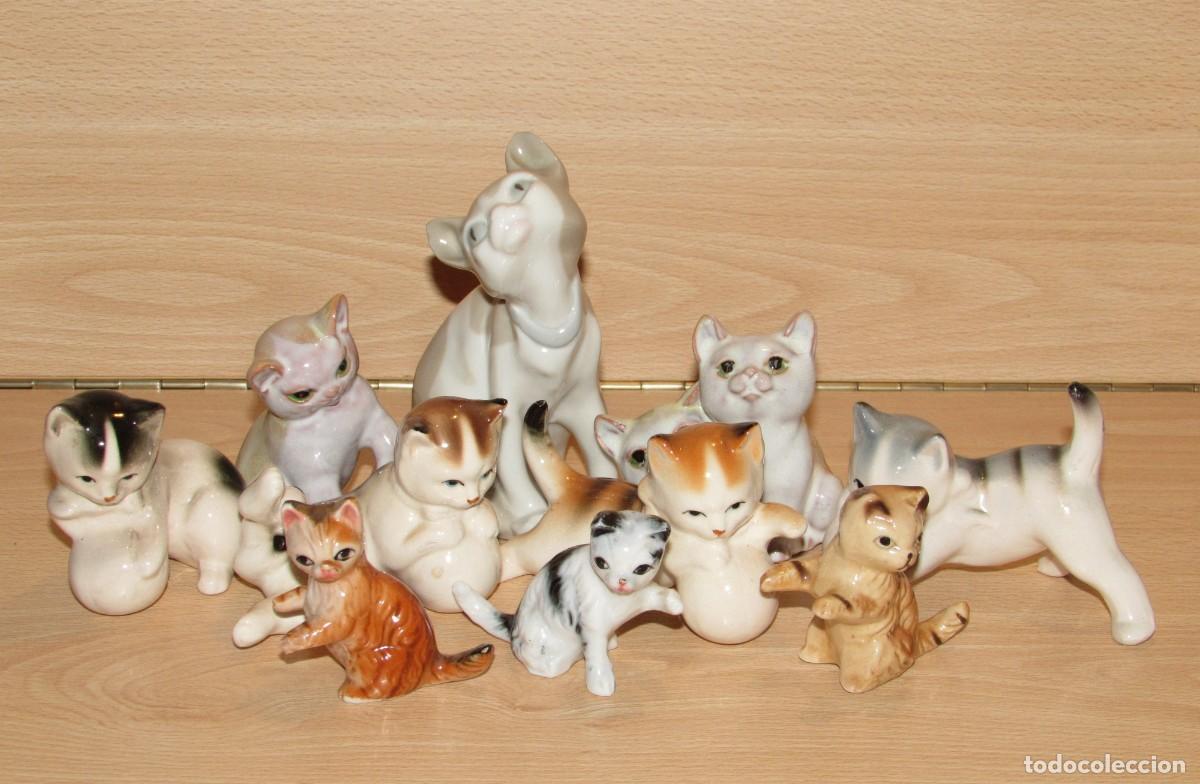 Vintage: Lote 10 gatos miniaturas vintage porcelana cer&aacute;mica algunos Bone China otros n&uacute;mero o sello