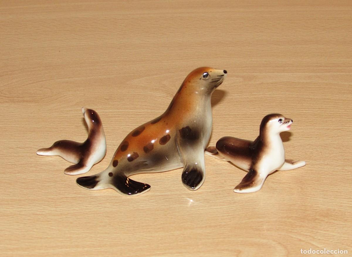Vintage: Lote oriental 3 figuras focas leones marinos miniaturas vintage Jap&oacute;n mediados siglo XX