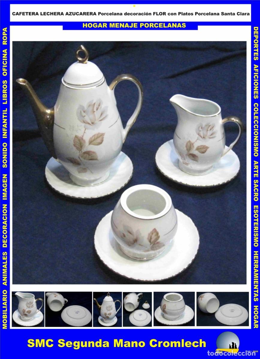 Vintage: Juego de CAFETERA LECHERA AZUCARERA Porcelana (sin marca) decoraci&oacute;n Flor y filo Oro, con 3 Platos