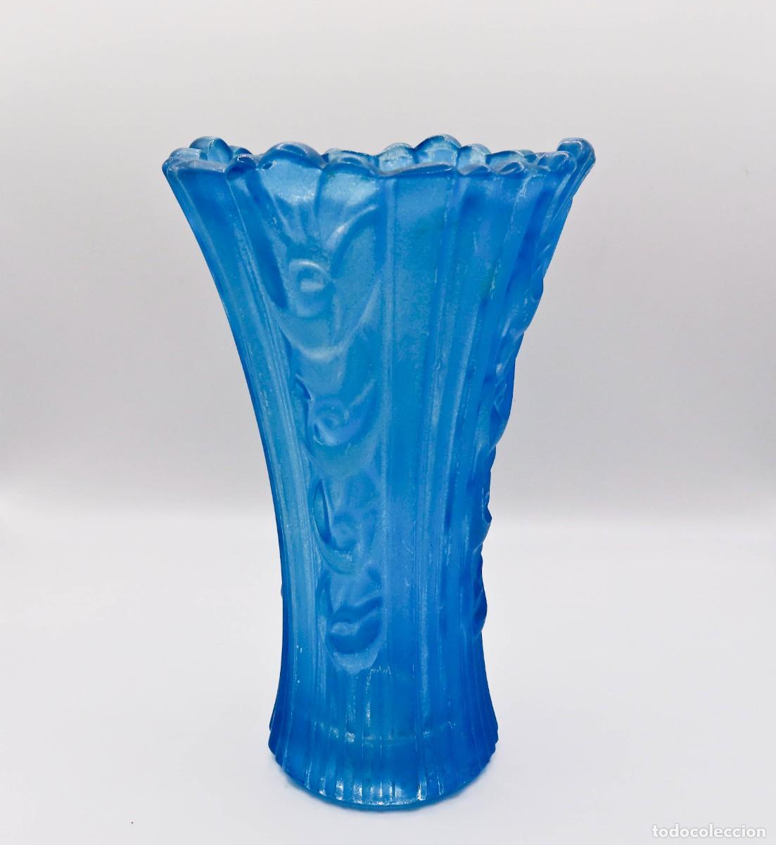 Vintage: JARR&Oacute;N FLORERO VIDRIO ESTILO ART DECO AZUL