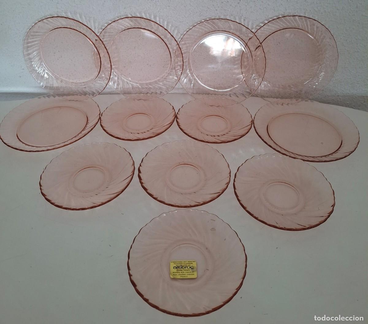 Vintage: 12 Platos de cristal rosa trasl&uacute;cidos Arcoroc France 6 de 15,5 cm y 6 de 19,5 cm a&ntilde;os 70