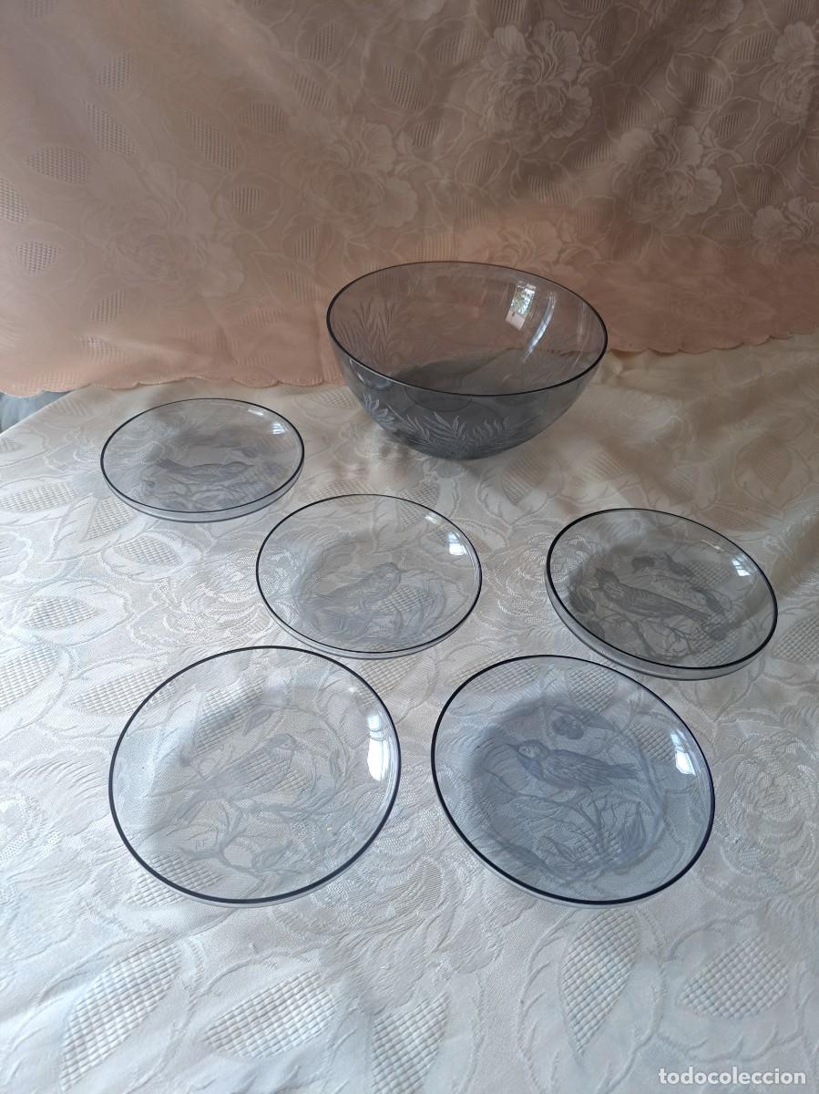 Vintage: Precioso juego de postre de cristal esmerilado, aves y plantas, Bill Futer