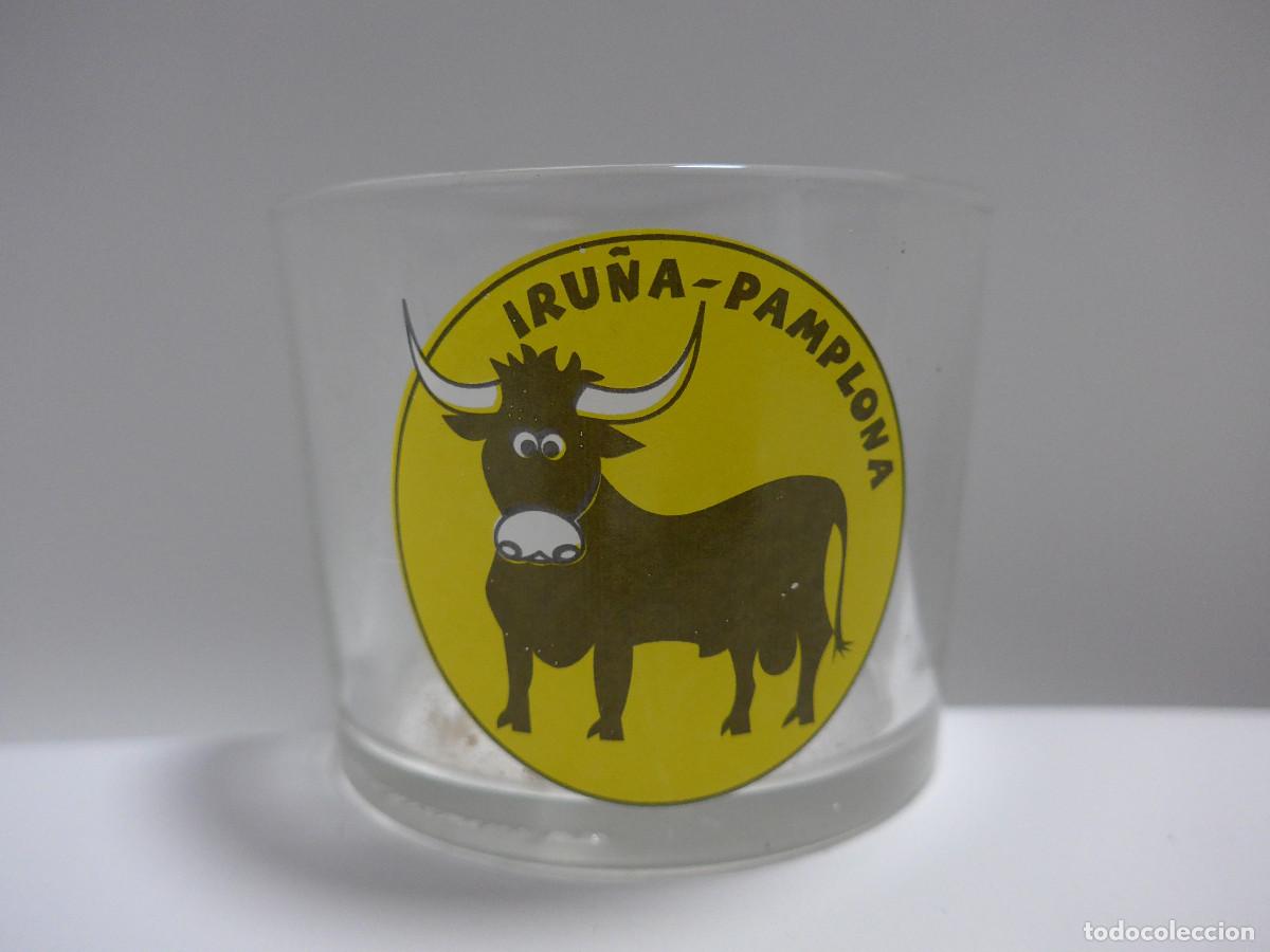 Vintage: ANTIGUO VASO DE CRISTAL DE DURALEX CON PUBLICIDAD TORO DE SAN FERMIN IRU&Ntilde;A PAMPLONA