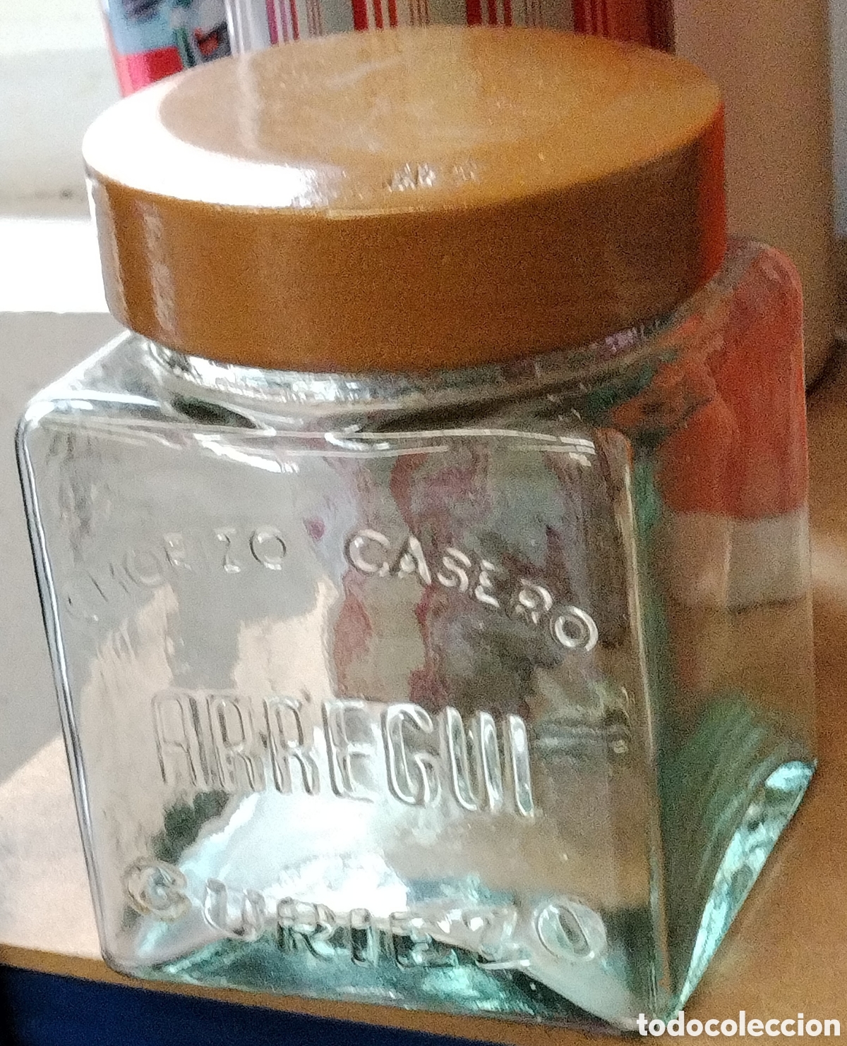 Vintage: Antiguo tarro cuadrado de cristal Chorizo casero Arregui de Guriezo.
