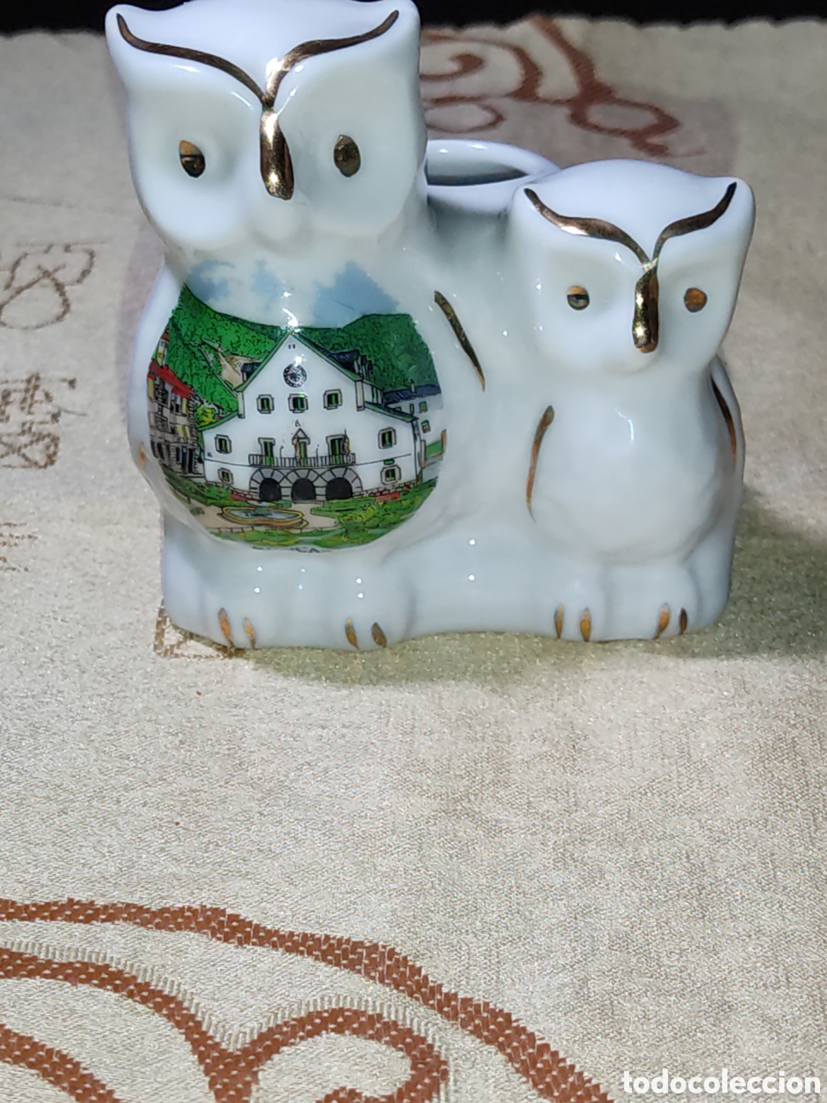 Vintage: Palillero pareja de Buhos de porcelana & Recuerdo de Biescas.Vintage.