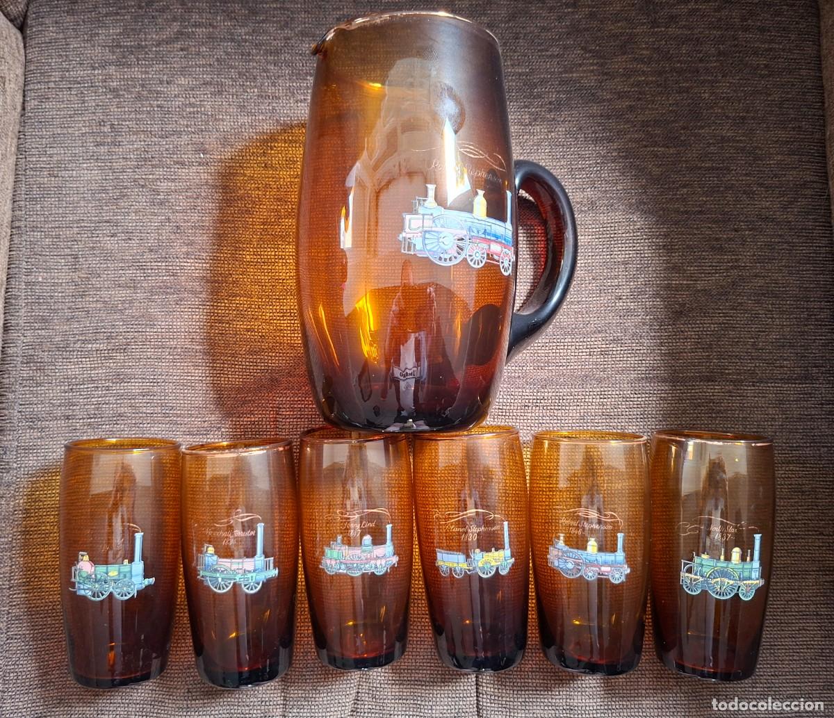 Vintage: Juego de Agua Vintage A&ntilde;os 70 - 6 Vasos y Jarra (Tem&aacute;tica Trenes Hist&oacute;ricos)
