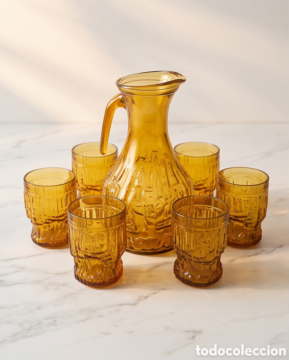 Vintage: Juego jarra y vasos cristal ambar