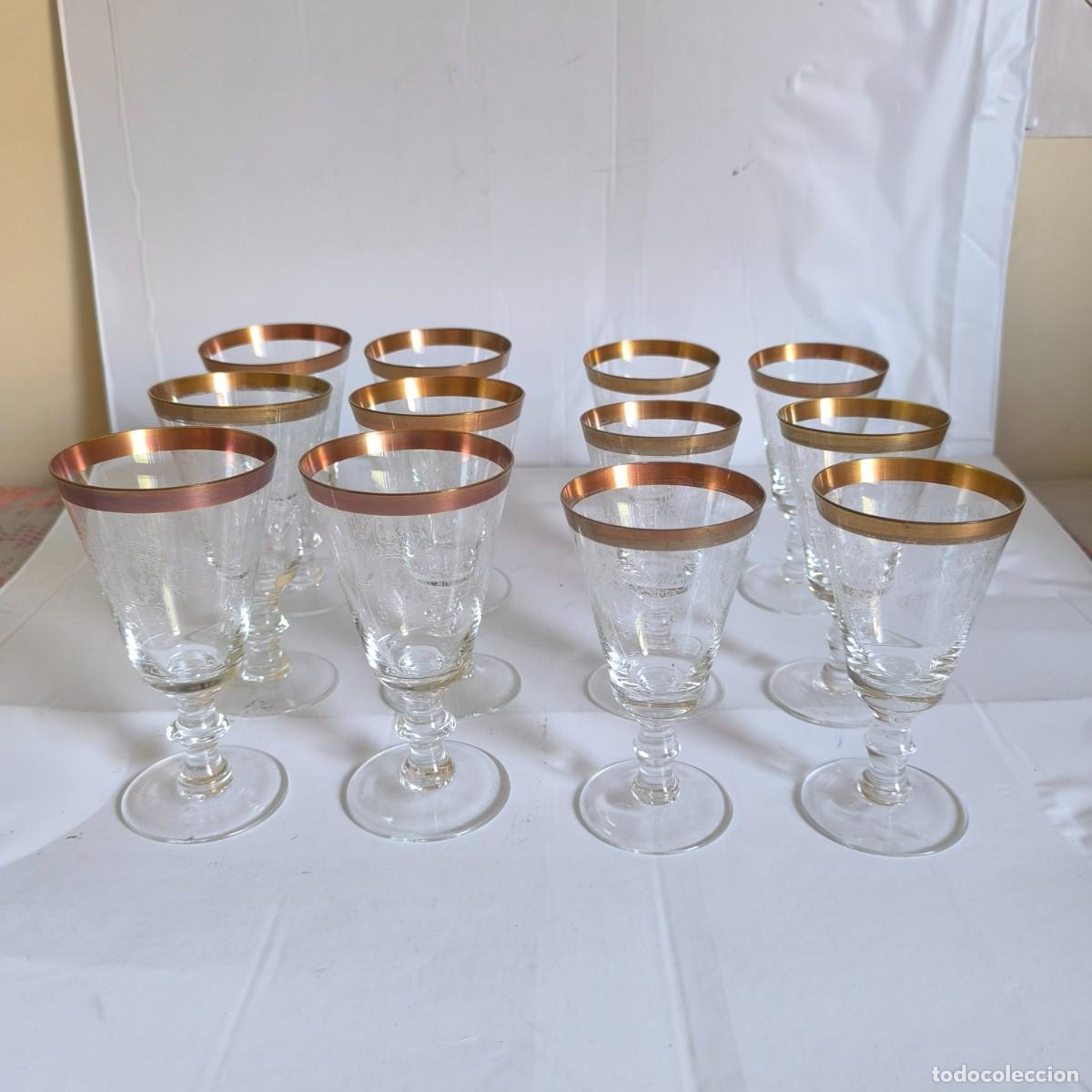 Vintage: Juego 12 copas cristal grabado dorado