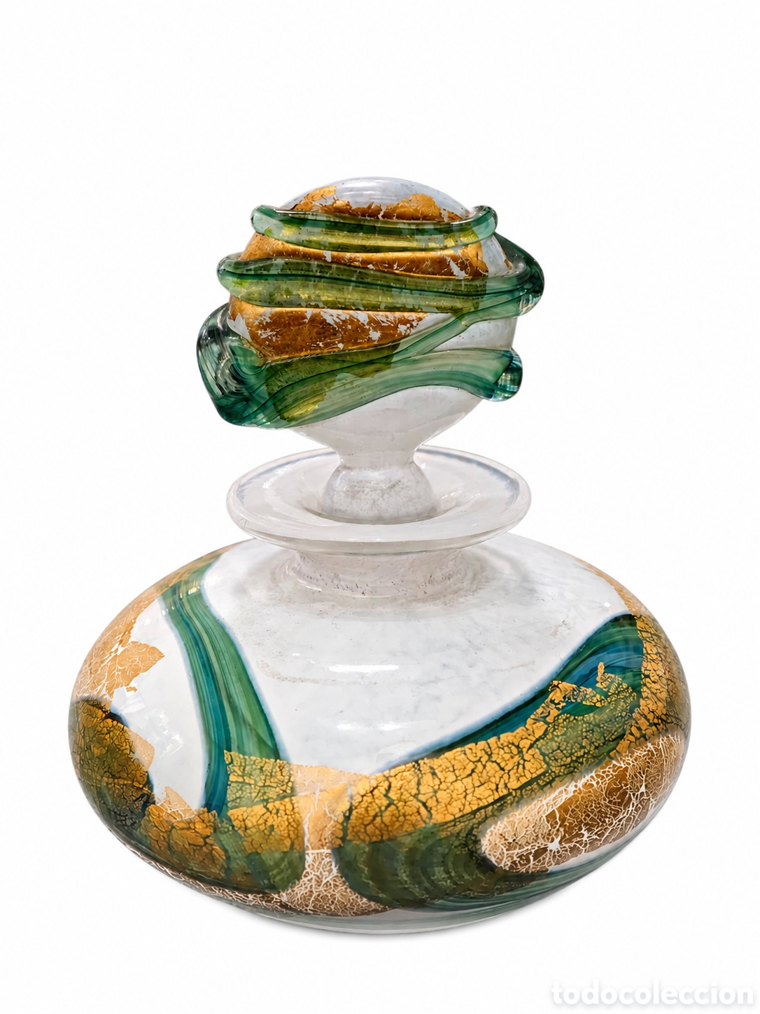 Vintage: Botella de perfume Isle of Wight Studio Glass &ndash; Michael Harris &ldquo;Golden Peacock&rdquo; (1984-1987)