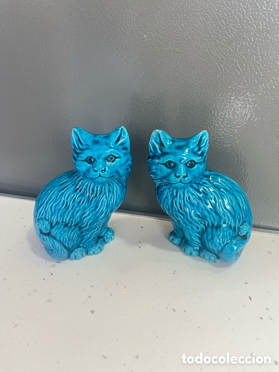 Vintage: Preciosa pareja, gatos, funk en porcelana azul turquesa a&ntilde;o 70
