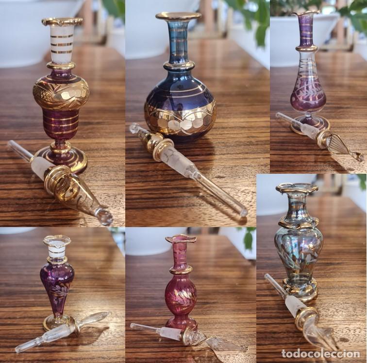 Vintage: Lote de 6 Perfumeros Egipcios en Miniatura de Cristal Soplado (12-14 cm) con tapones y gotero