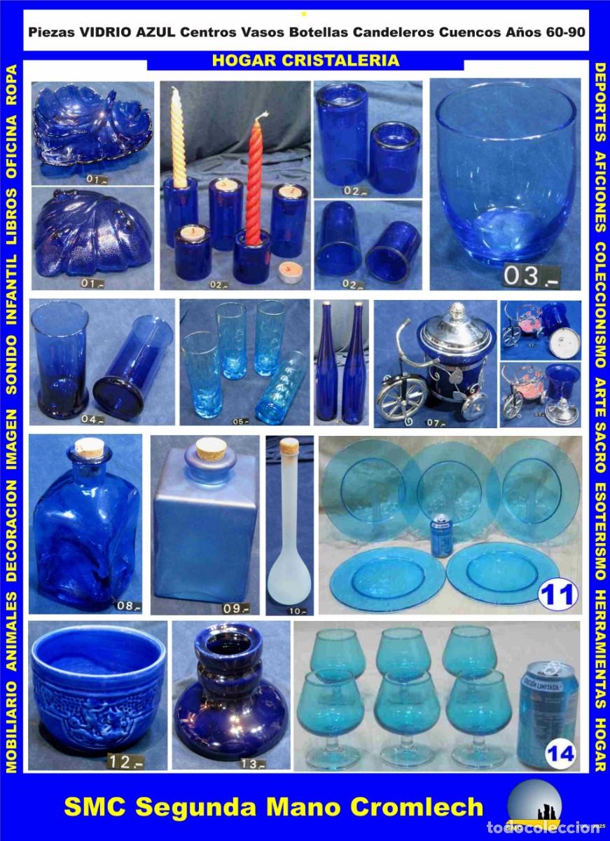 Vintage: 32 Objetos Piezas CENTROS PORTAVELAS BOTELLAS JARRONES PLATOS VASOS Vidrio AZUL A&ntilde;os 60-90
