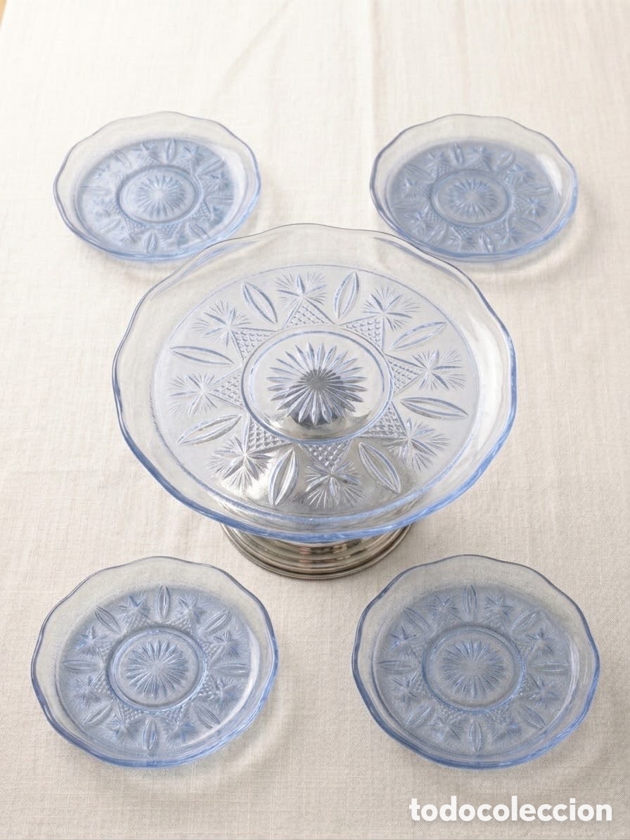 Vintage: Juego de cristal prensado azul &ndash; frutero elevado + 4 platos &ndash; a&ntilde;os 40&ndash;60 &ndash; vajilla vintage