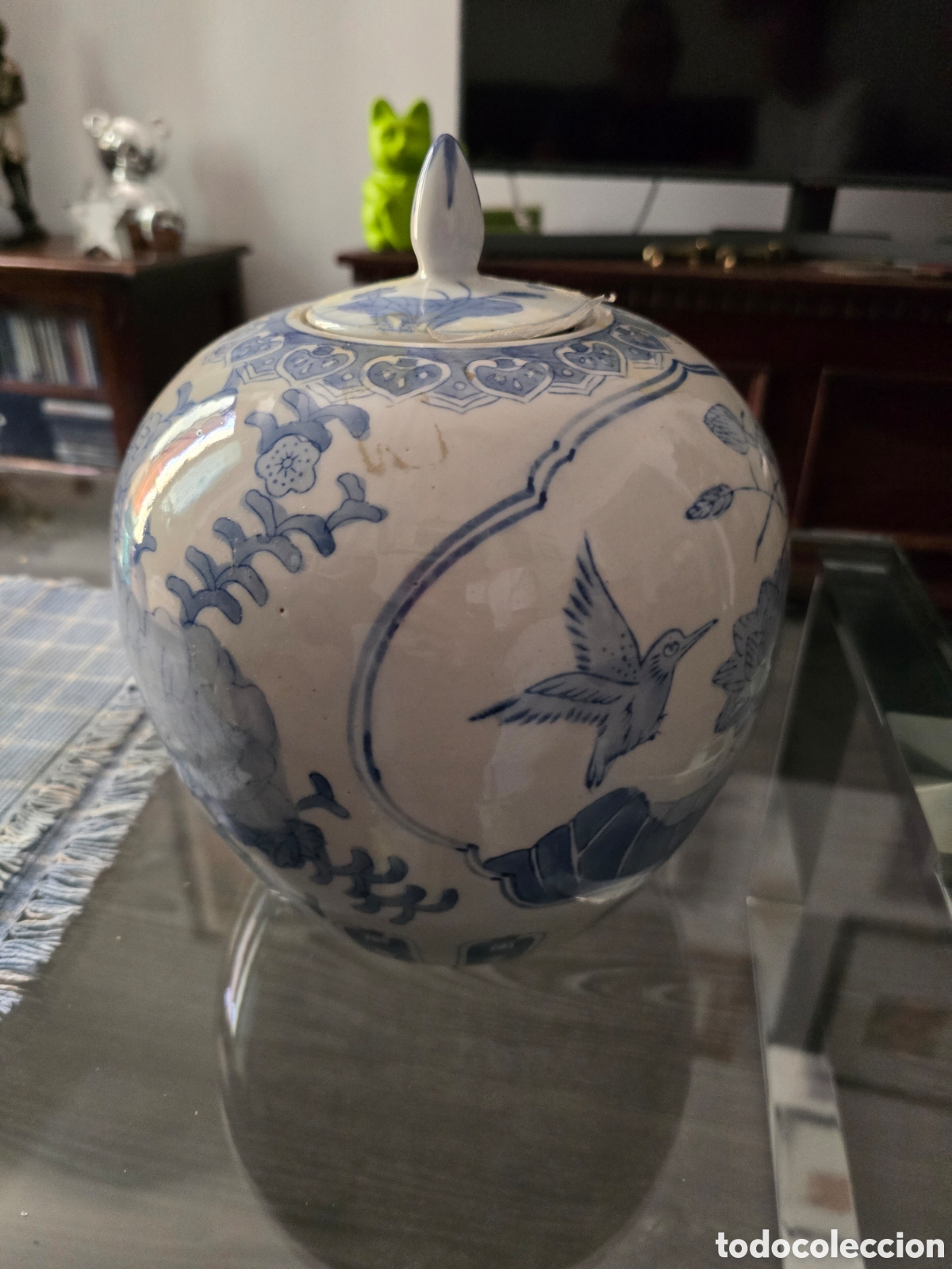 Vintage: Tarro de pocelana esmaltada hecho en China decorado con motivos orientales