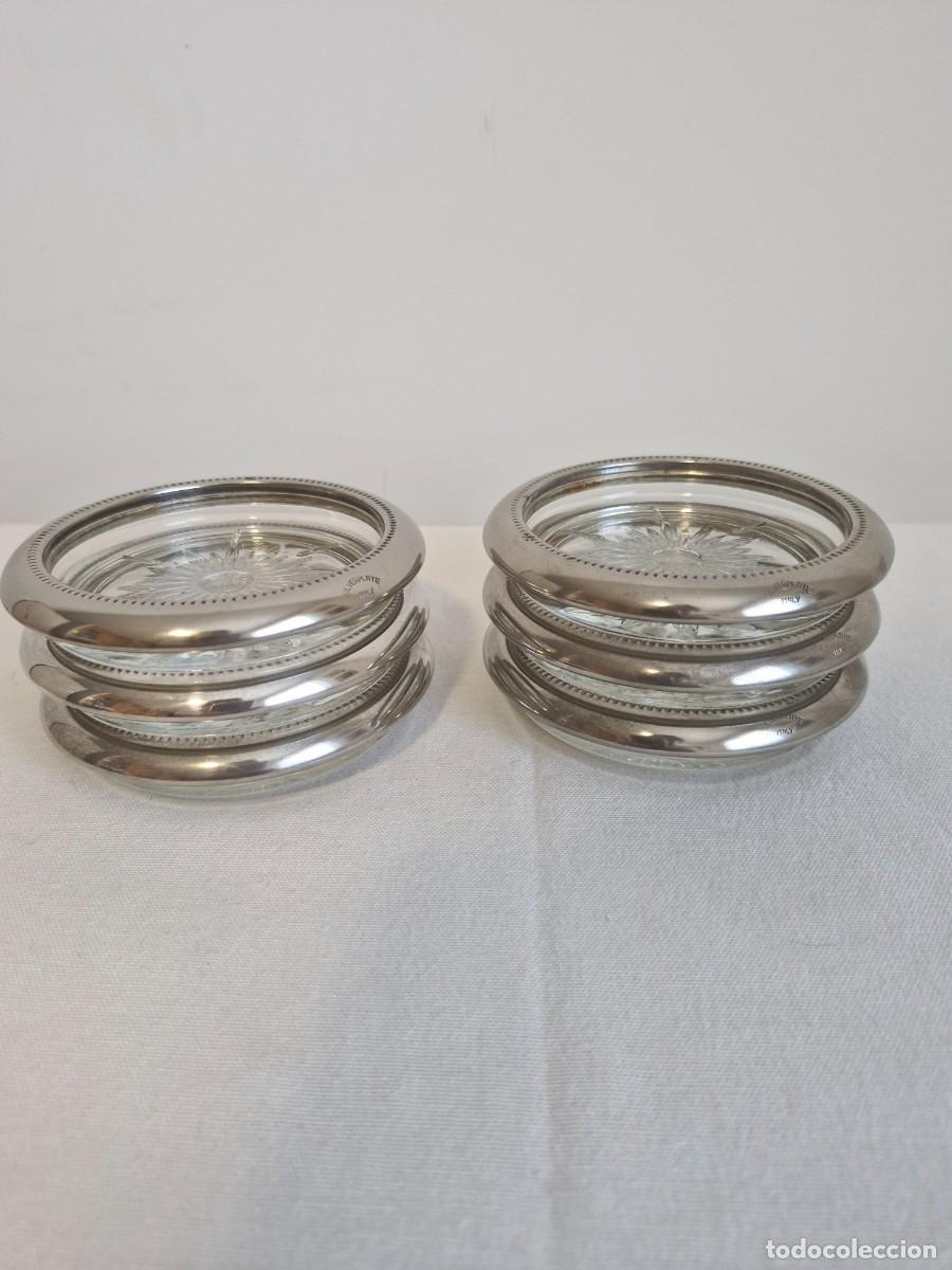 Vintage: 6 POSAVASOS BORDE PLATEADO SILVER PLATE ITALY y CRISTAL LABRADO