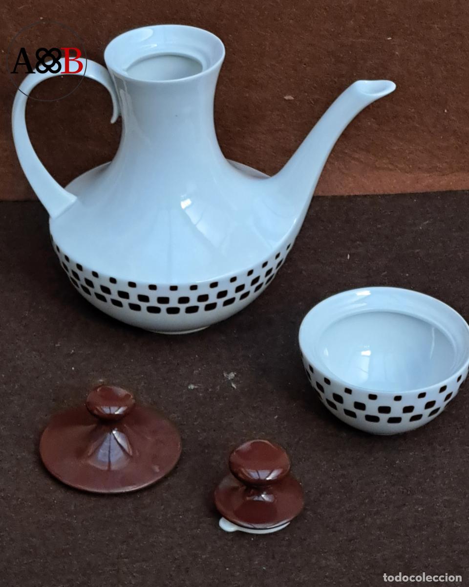 Vintage: Tetera y azucarero Bidasoa porcelana dise&ntilde;o geom&eacute;trico marr&oacute;n a&ntilde;os 70