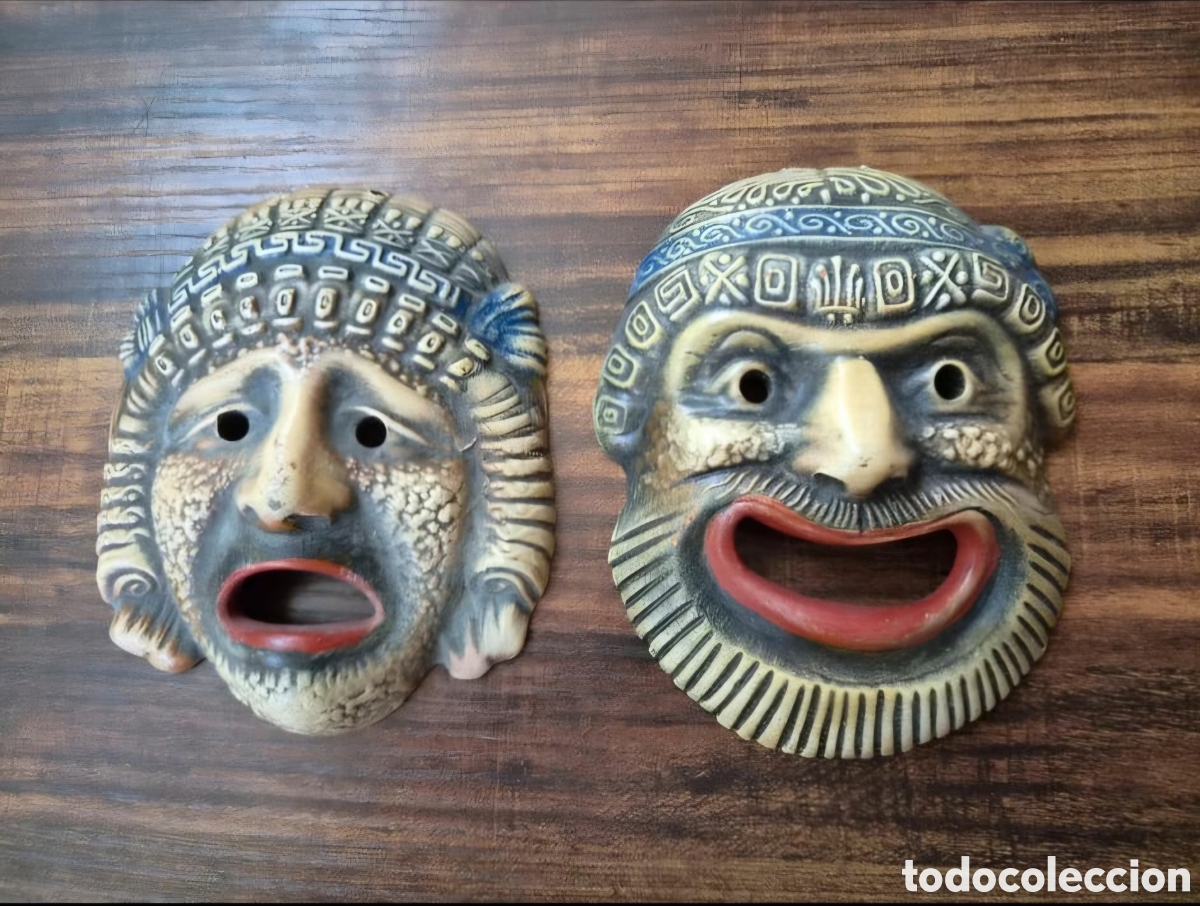 Vintage: Pareja de M&aacute;scaras del Teatro Griego (Comedia y Tragedia) - R&eacute;plicas Cl&aacute;sicas Decorativas