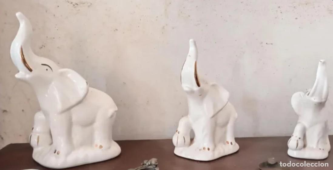 Vintage: 3 Elefantes Cer&aacute;mica Blancos con Detalles Dorados