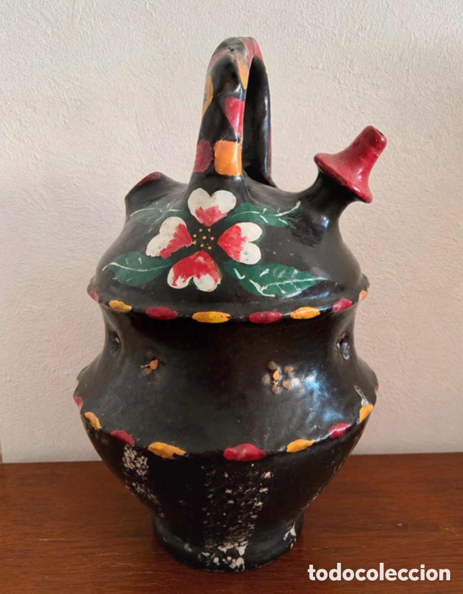 Vintage: Botijo antiguo de barro pintado a mano Decoraci&oacute;n r&uacute;stica vintage