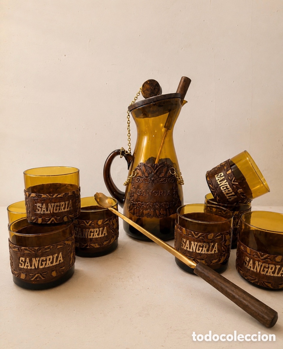 Vintage: Juego de sangr&iacute;a vintage espa&ntilde;ol &middot; vidrio &aacute;mbar &middot; a&ntilde;os 60&ndash;70 &middot; Antiguo stock sin uso