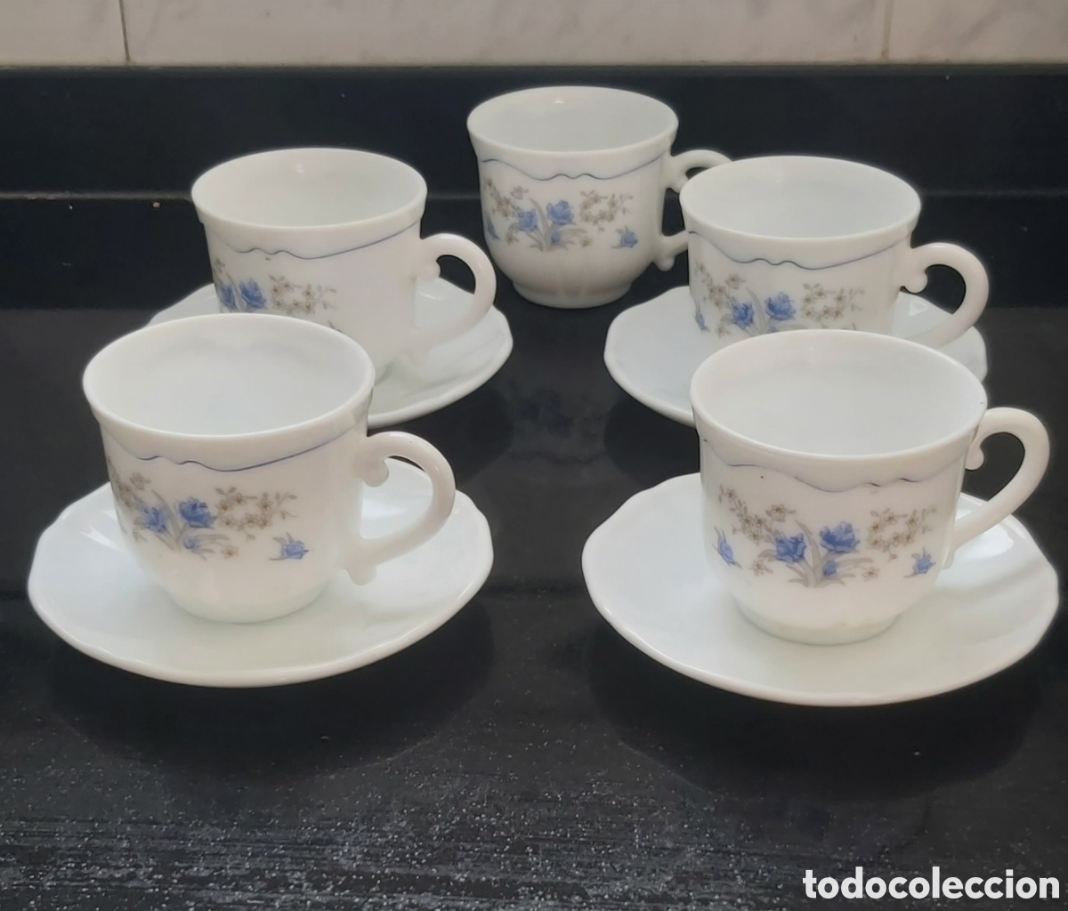 Vintage: Juego Caf&eacute; Vintage Arcopal Vidrio Opalino (Flores Azules) 9 Piezas