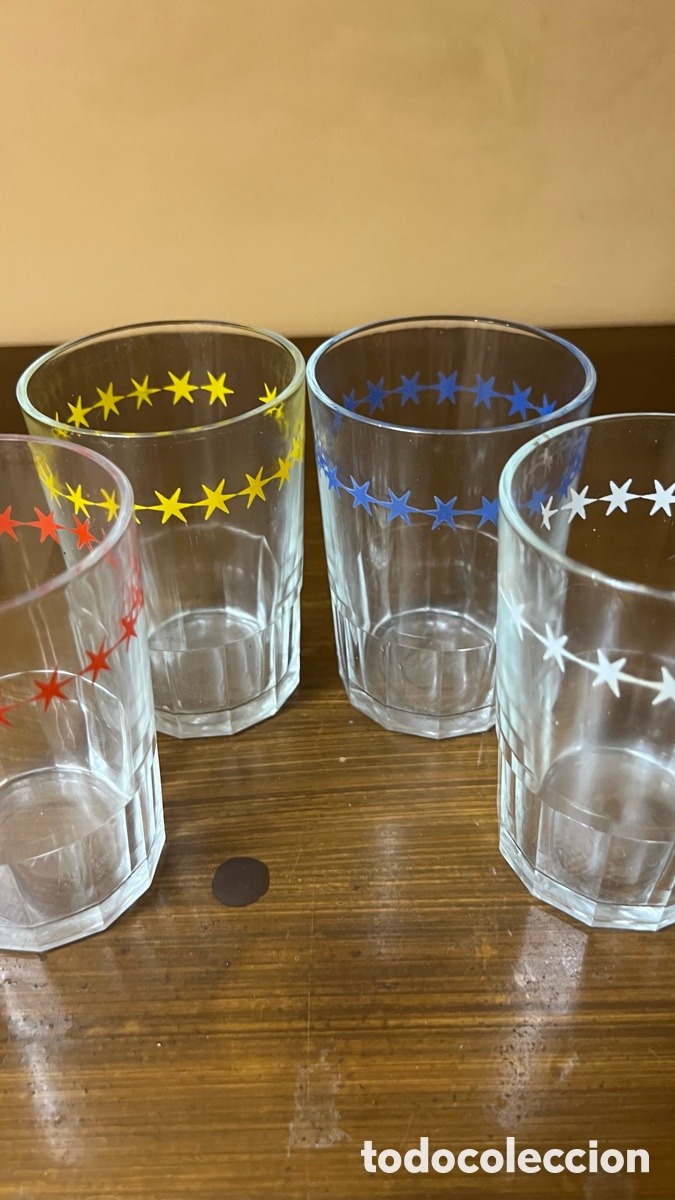 Vintage: LOTE DE 4 VASOS TIPO DURALEX SERIGRAF&Iacute;A DE COLOREA