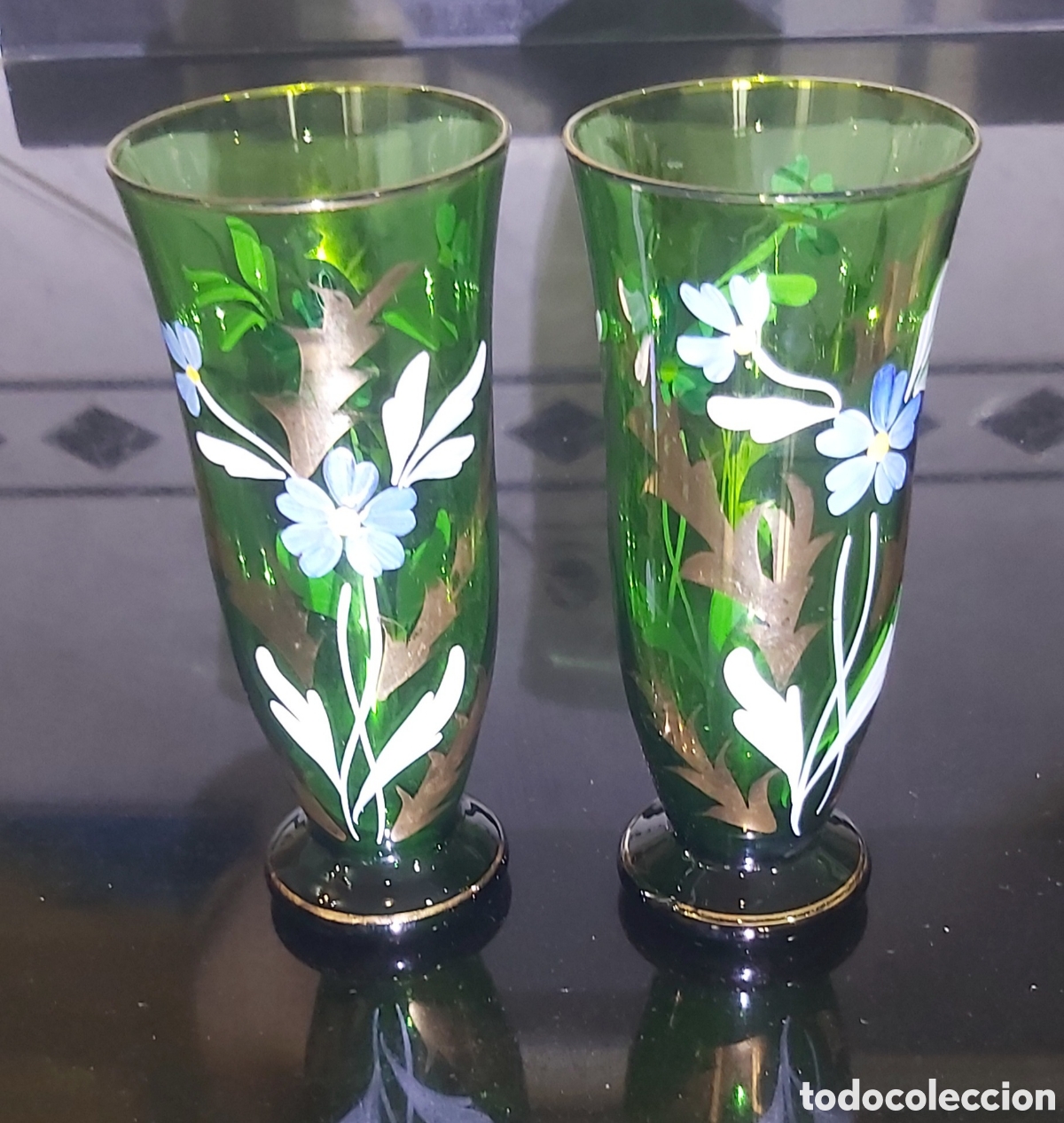 Vintage: Pareja de Jarrones Vintage de Cristal Verde Esmeralda (A&ntilde;os 50-70)
