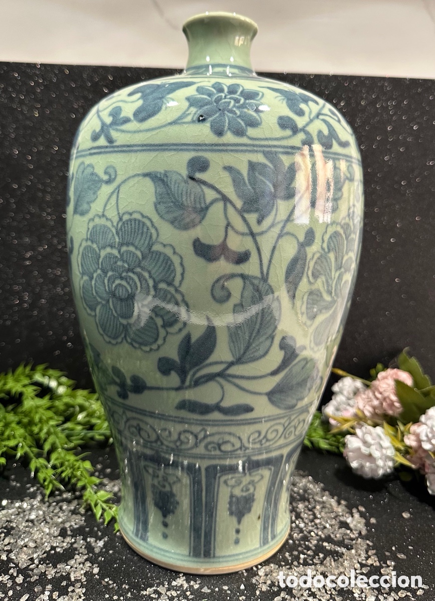 Vintage: Jarr&oacute;n Chino Vintage Estilo Meiping &ndash; Porcelana Celad&oacute;n y Azul Cobalto (S. XX)
