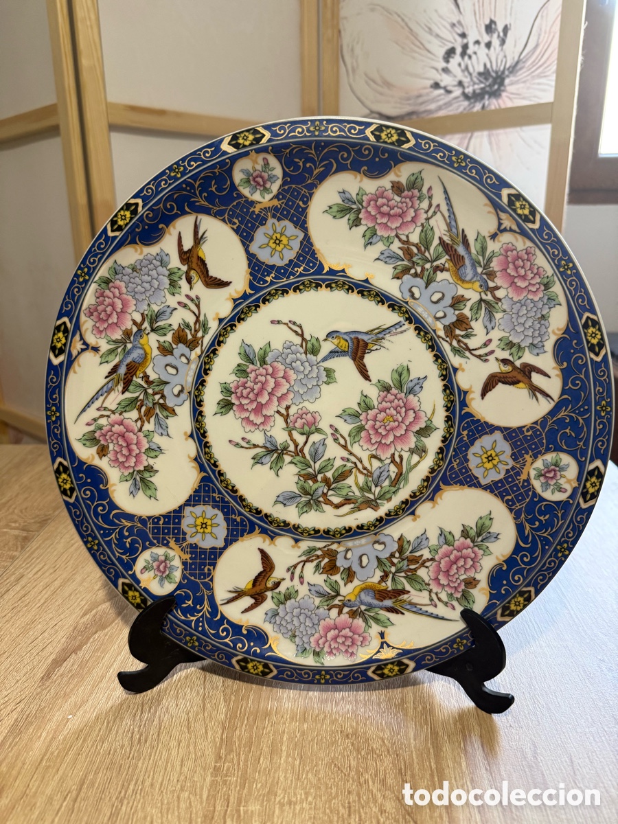 Vintage: Gran plato decorativo chino vintage 30 cm &ndash; porcelana azul cobalto, aves y peon&iacute;as &ndash; Made in China
