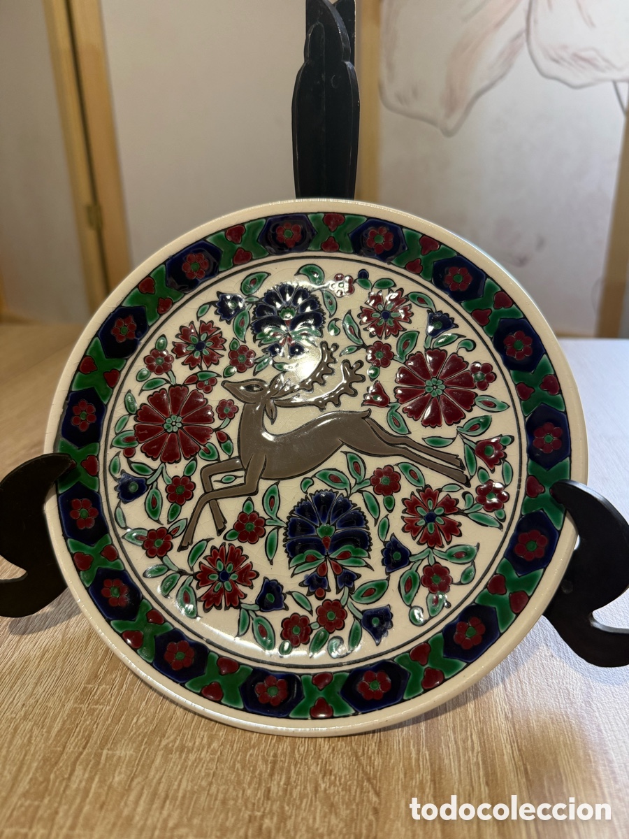 Vintage: Plato cer&aacute;mica griega vintage NASSOS RODOS &ndash; ciervo y flores &ndash; hecho a mano
