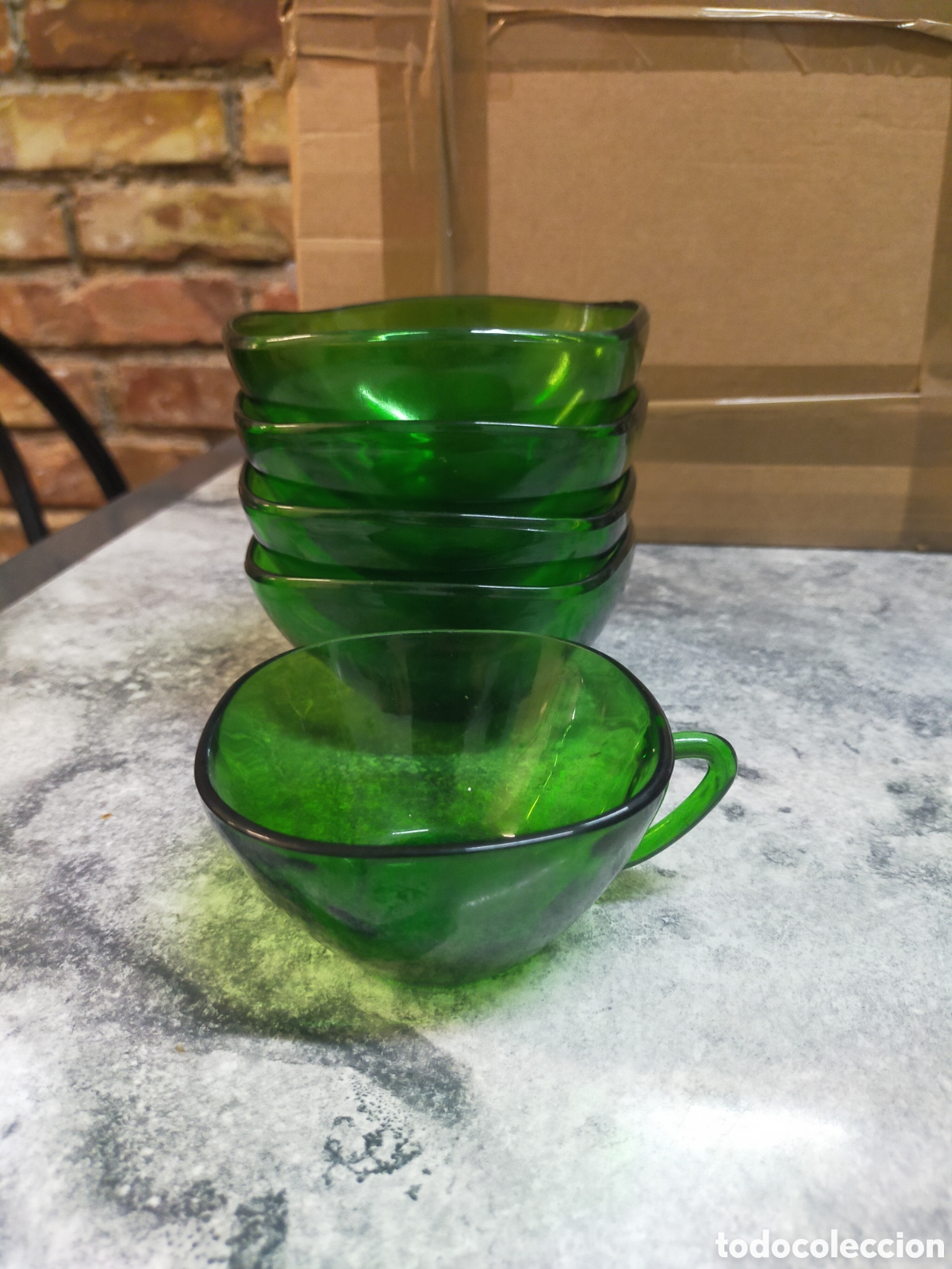Vintage: Vereco Set 4 Bols + 1 Taza Vidrio Verde