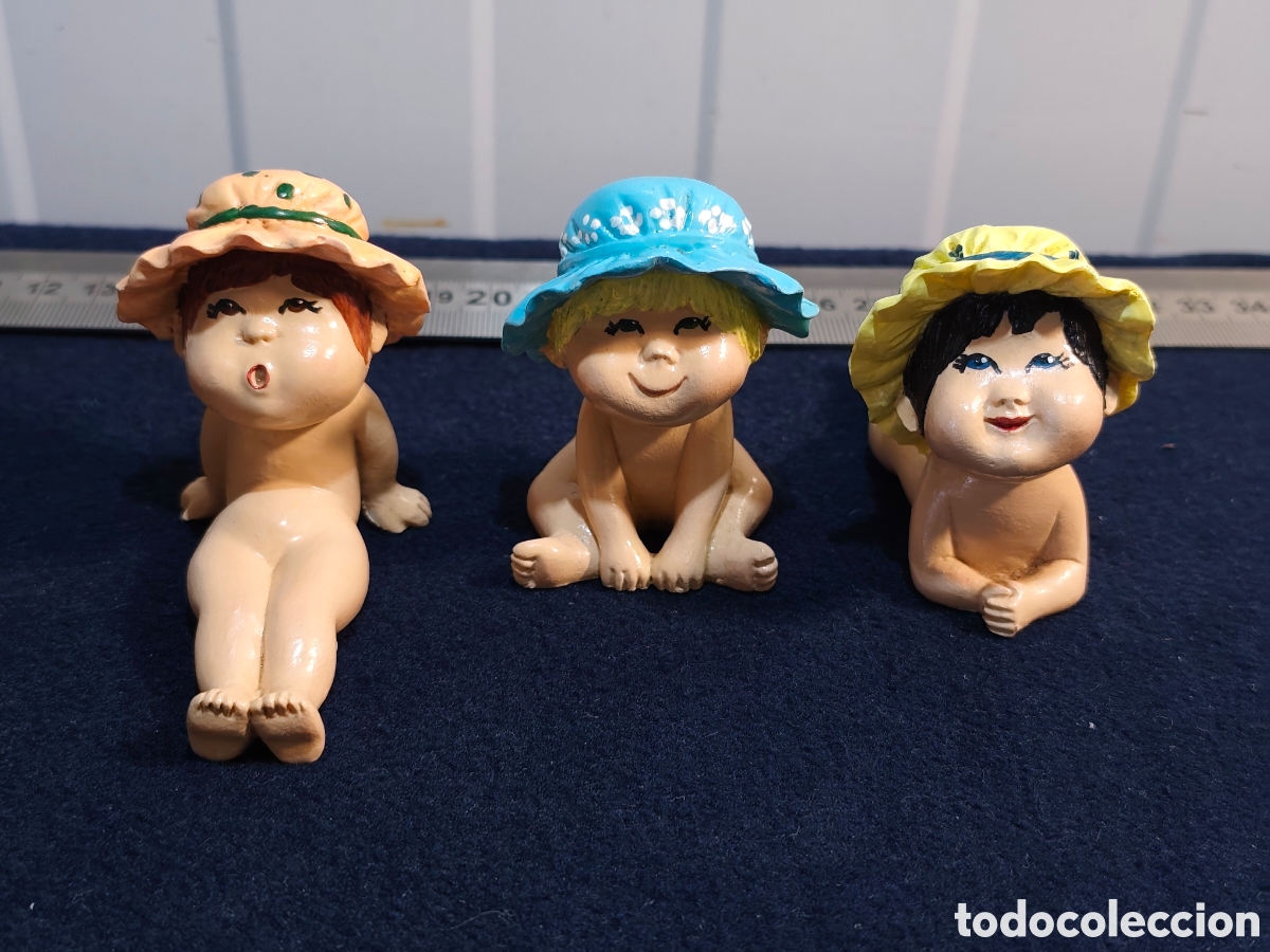 Vintage: Lote de 3 figuras antiguas de ni&ntilde;os/beb&eacute;s de playa con sombrero / Porcelana vintage