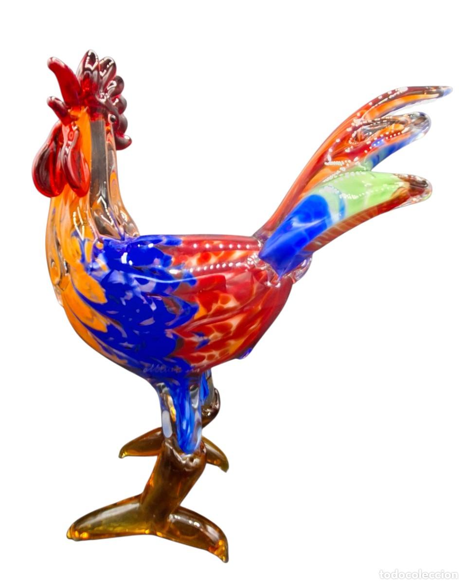 Vintage: Figura de Gallo en cristal soplado de Murano firmado