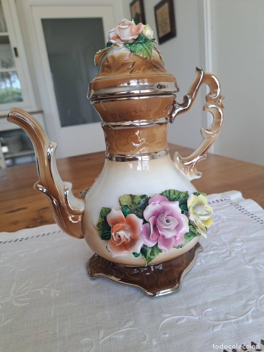 Vintage: Cafetera cer&aacute;mica SUIMA Valencia vintage flores en relieve a&ntilde;os 50