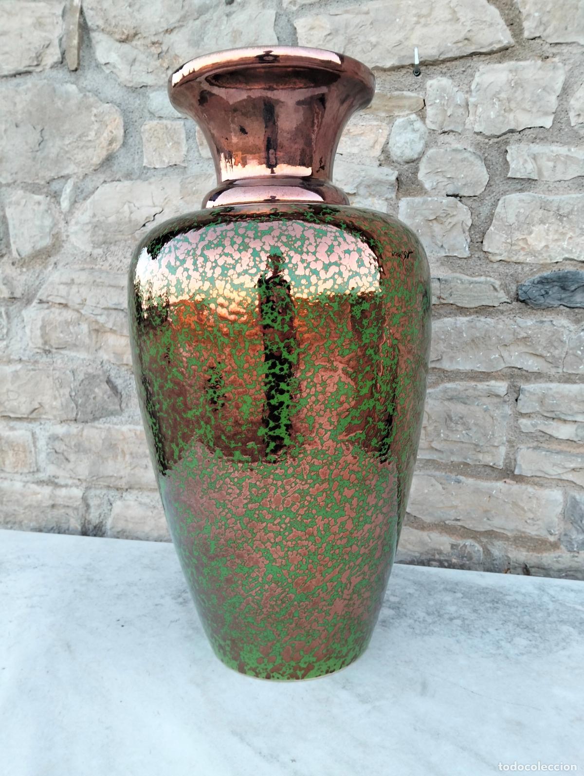 Vintage: Antiguo jarr&oacute;n decorativo de color verde y cobre estilo vintage &aacute;nfora porcelana cer&aacute;mica a&ntilde;os 60
