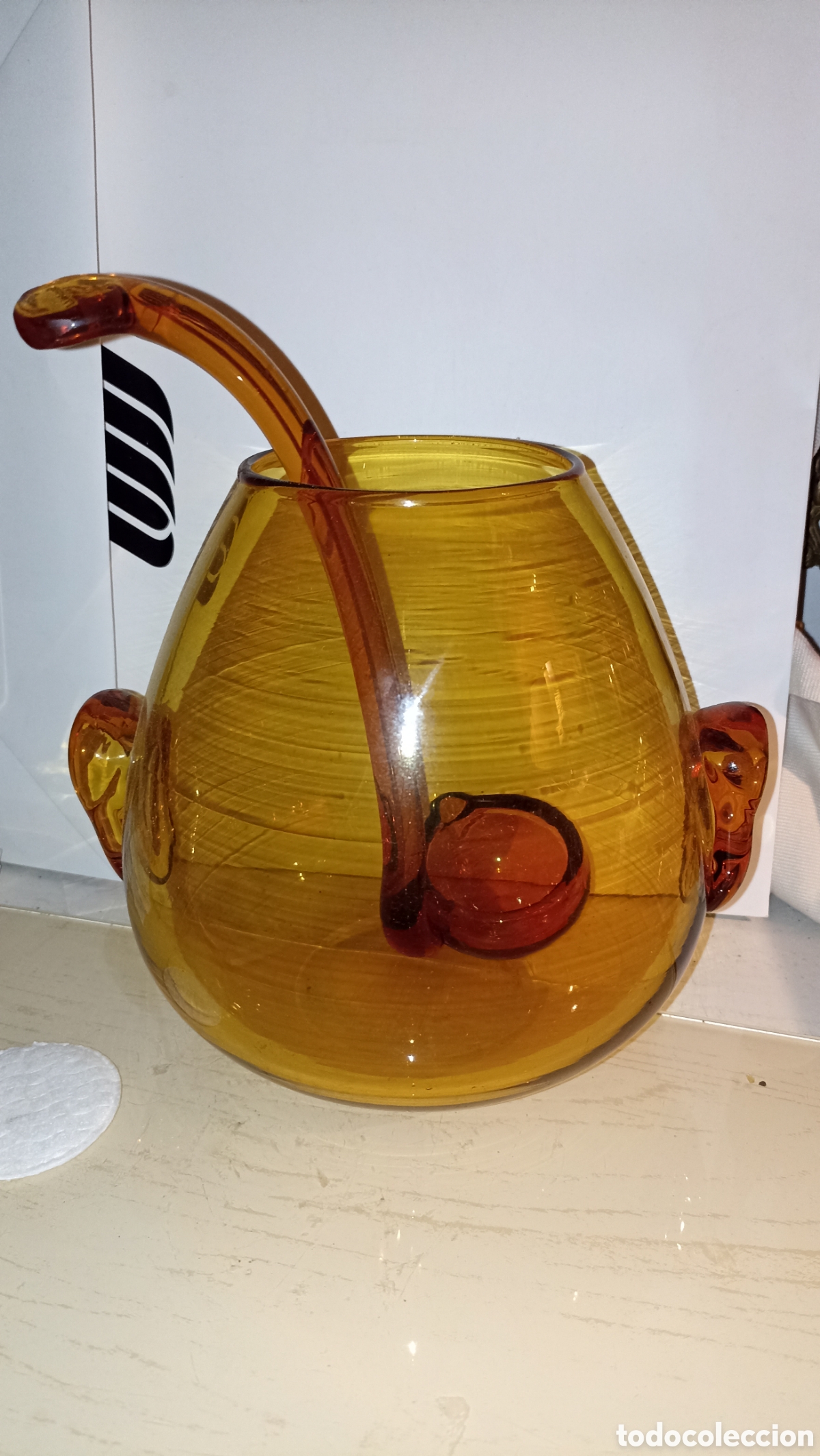 Vintage: Ponchera Vintage de Vidrio Soplado &Aacute;mbar con Cuchar&oacute;n Original &ndash; C. 1960s-1970s