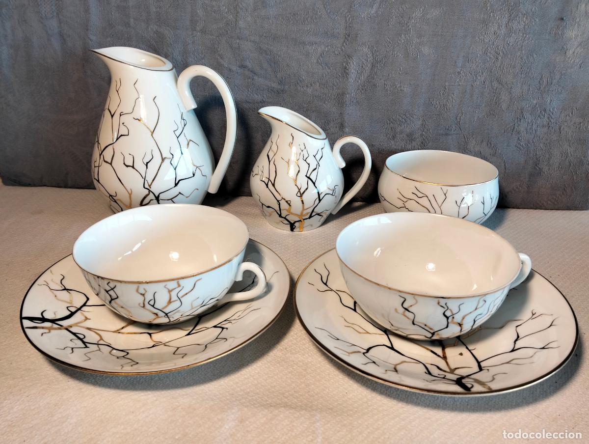 Vintage: Lote menage juego de t&eacute; caf&eacute; de porcelana blanca filo negro dorado tazas jarras vintage a&ntilde;os 70-80