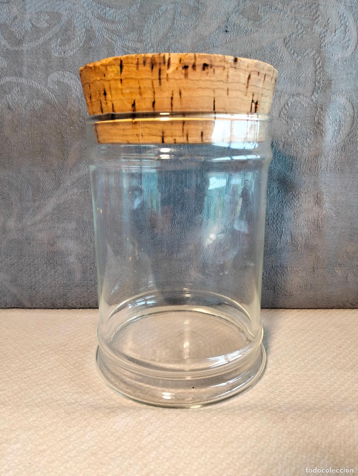 Vintage: Bote, frasco tarro de cristal transparente soplado a mano de tienda o colmado con tap&oacute;n corcho 30s.