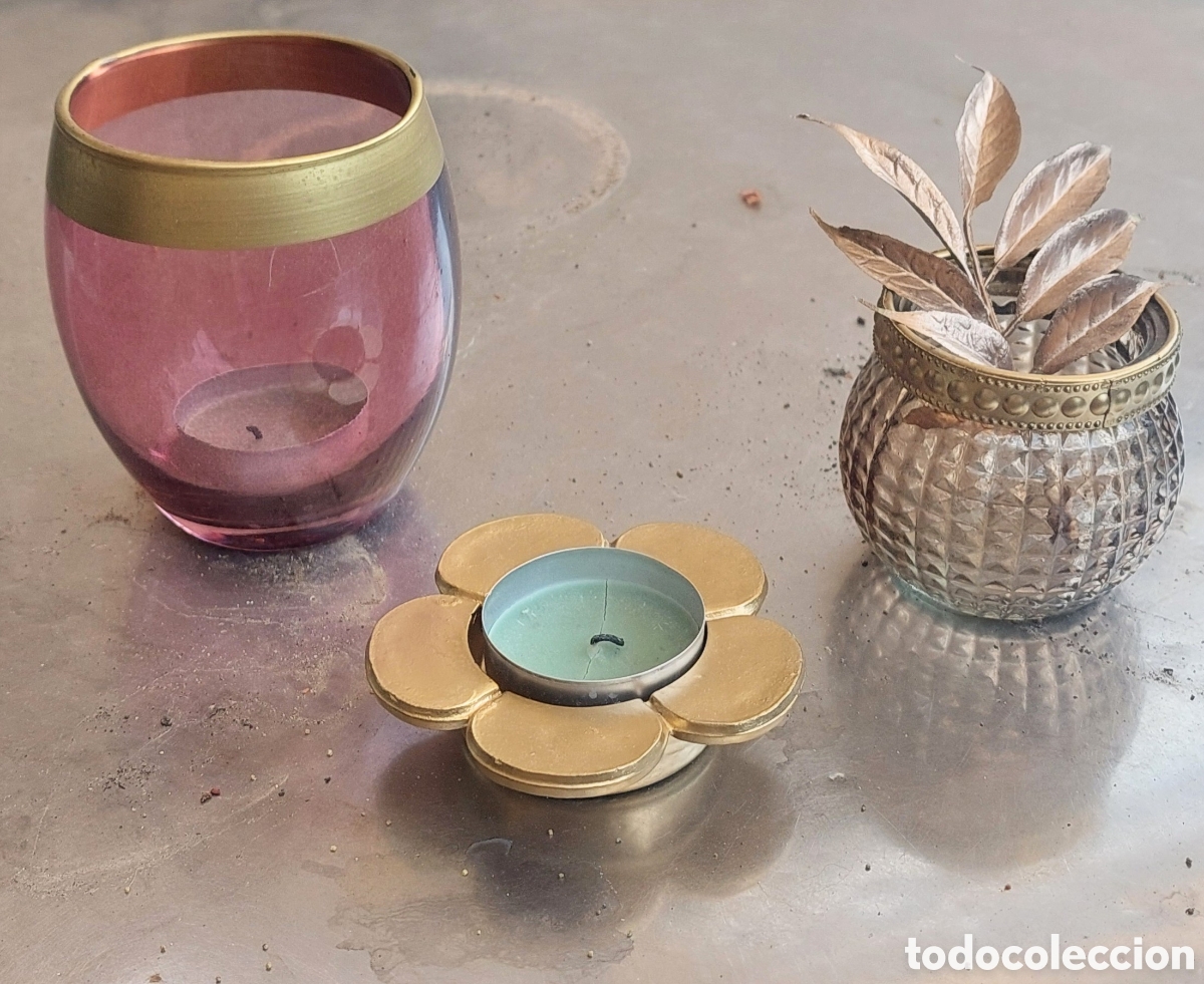Vintage: Lote de tres portavelas en cristal dorado